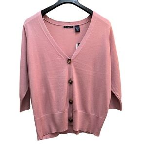Pink Dusty Rose Sweater V-Neck Button Up with 3/4 Length Sleeves Women Size 1X